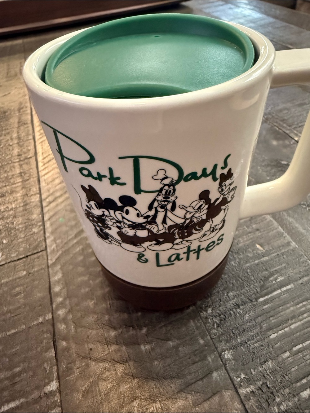 Starbucks Disney Park Day & Lattes Lidded Mug Cup, White Brown Green